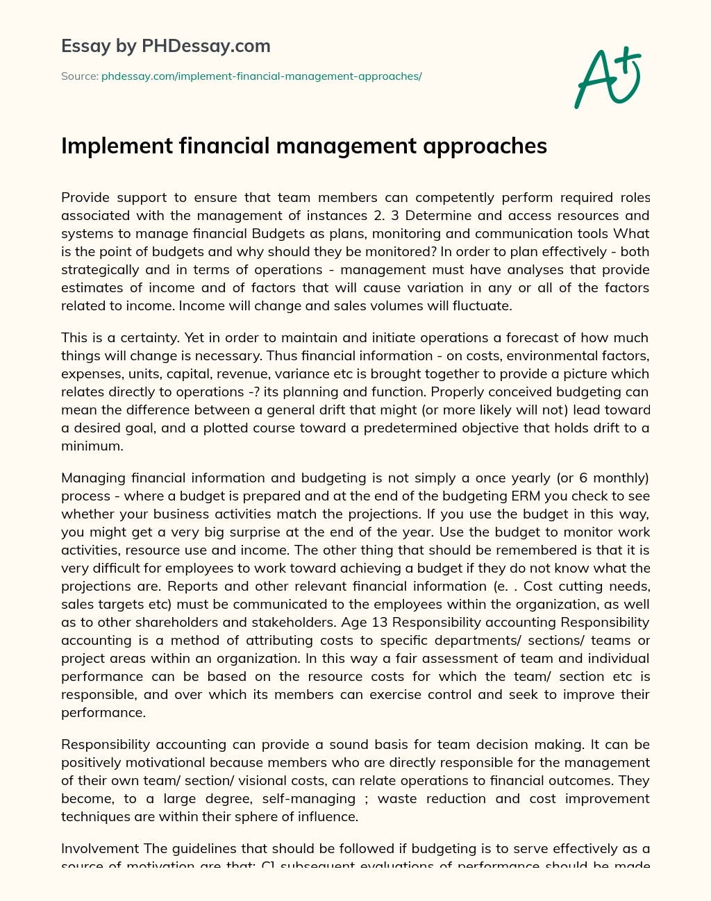 Implement financial management approaches essay
