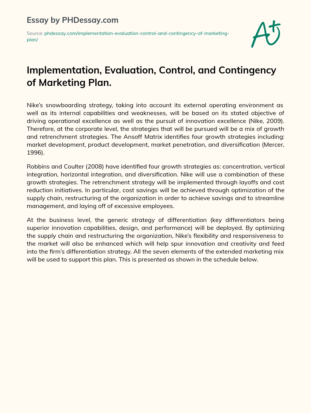 Implementation, Evaluation, Control, and Contingency of Marketing Plan. essay