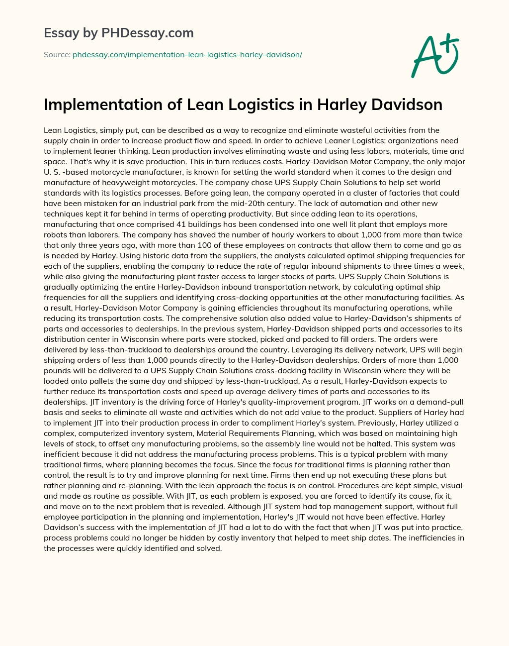 Implementation of Lean Logistics in Harley Davidson essay