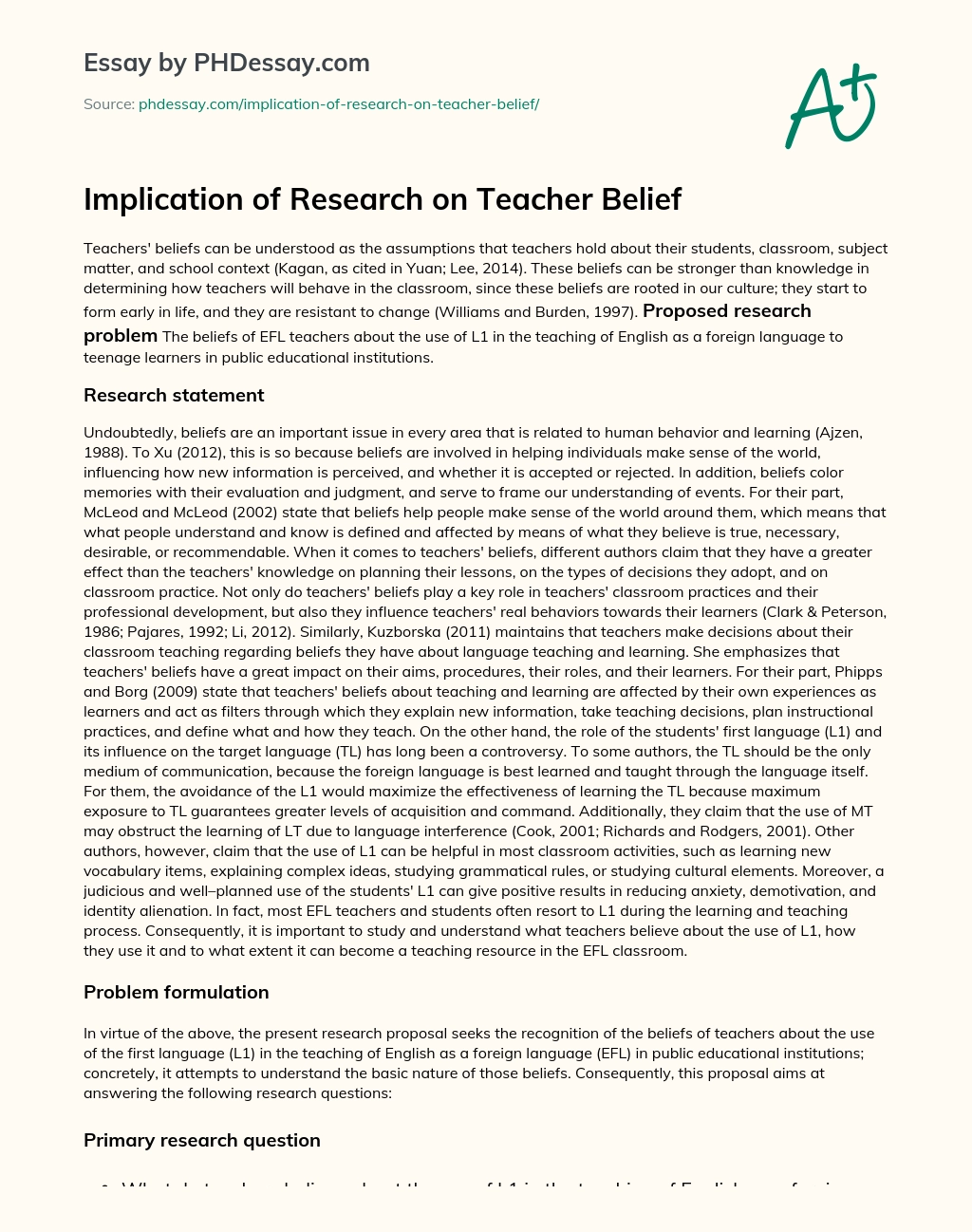 Implication of Research on Teacher Belief essay