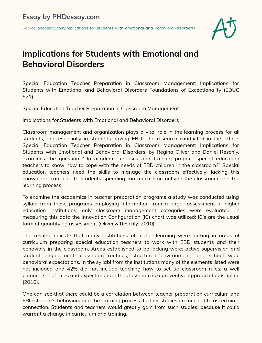 Implications for Students with Emotional and Behavioral Disorders essay