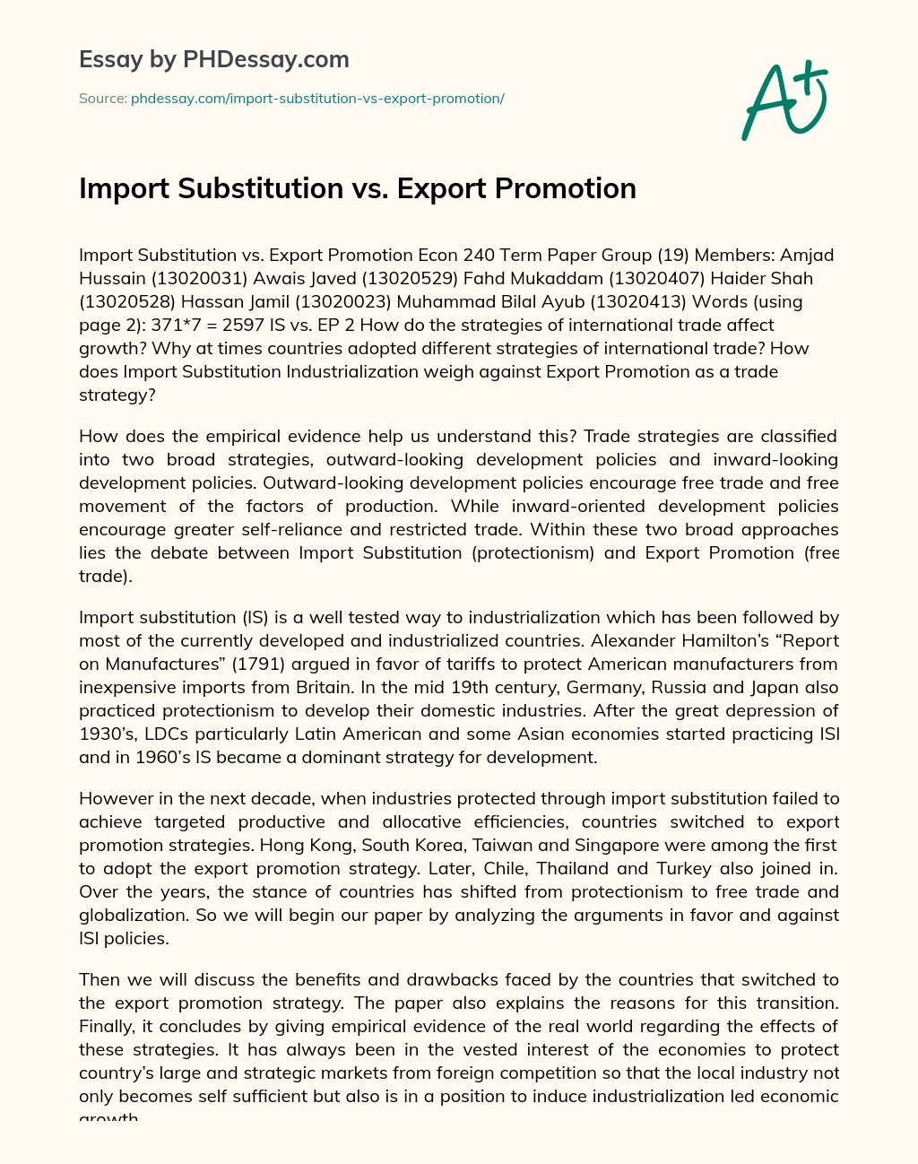 Import Substitution vs. Export Promotion essay
