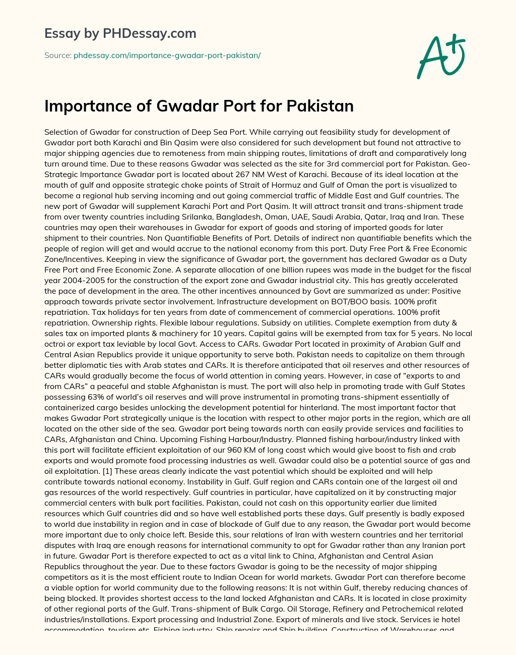 Importance of Gwadar Port for Pakistan essay
