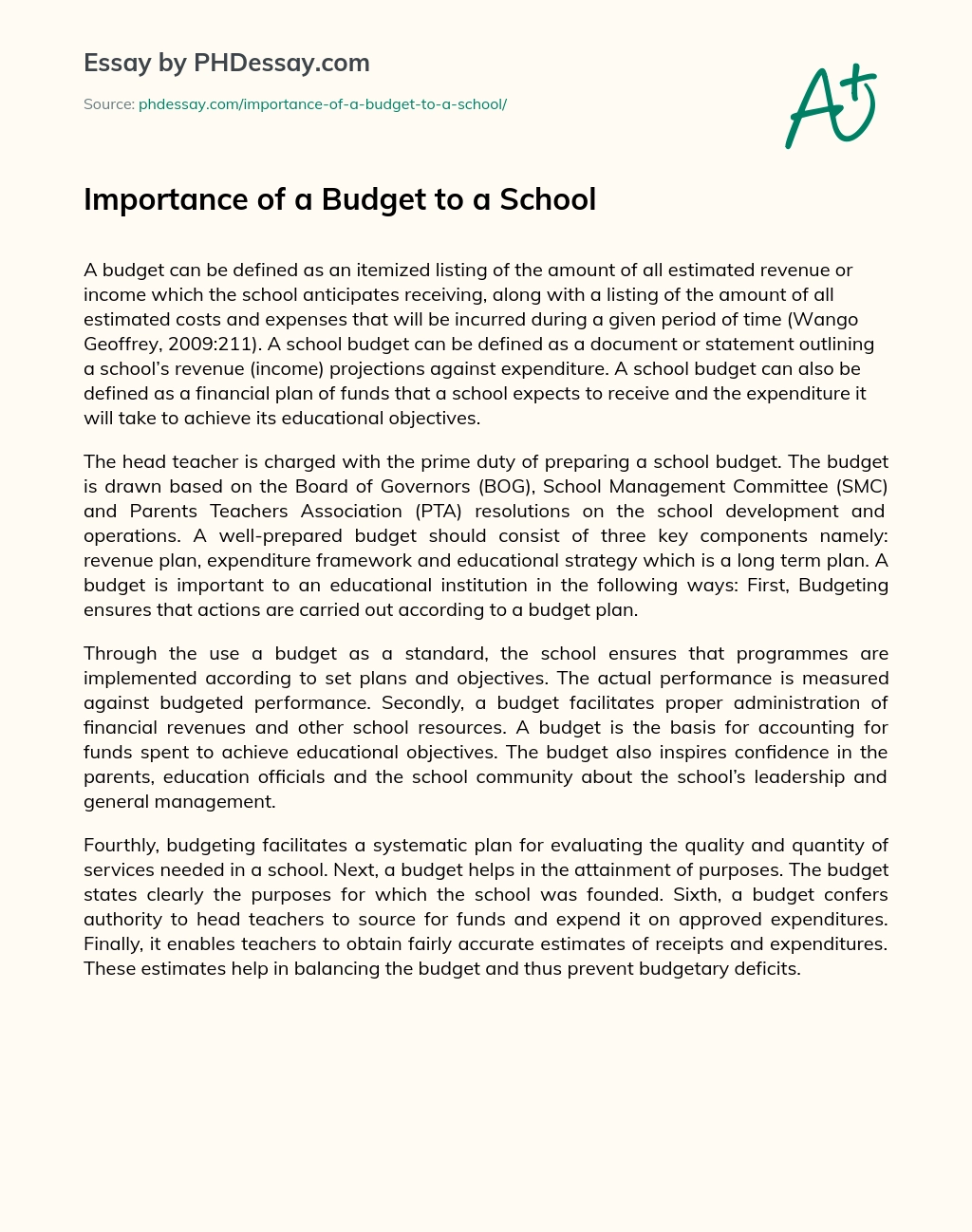 Importance of a Budget to a School essay