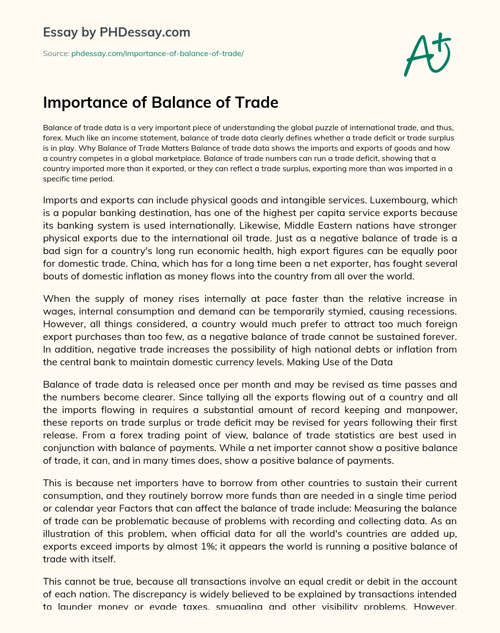 Importance of Balance of Trade essay