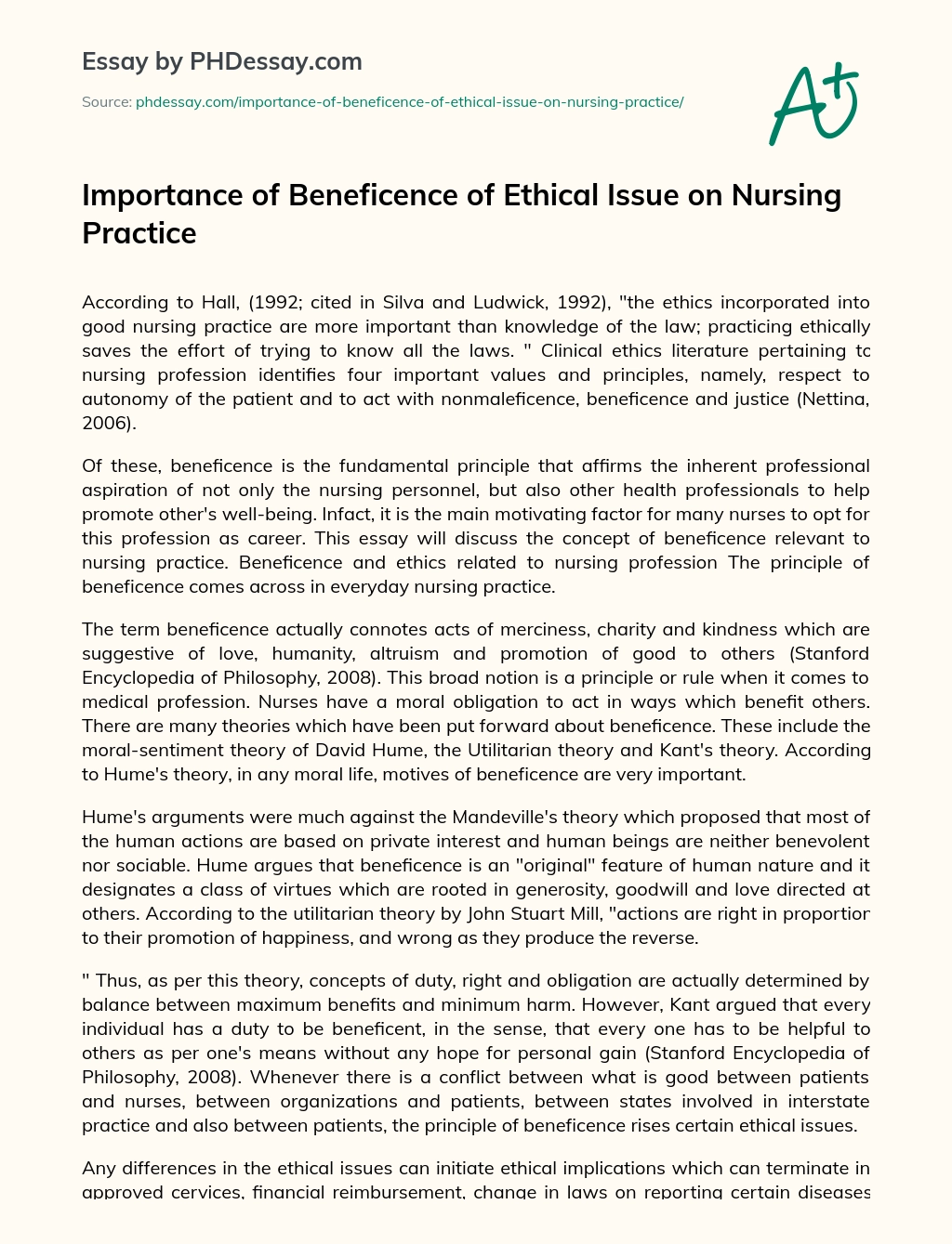 Importance of Beneficence of Ethical Issue on Nursing Practice essay