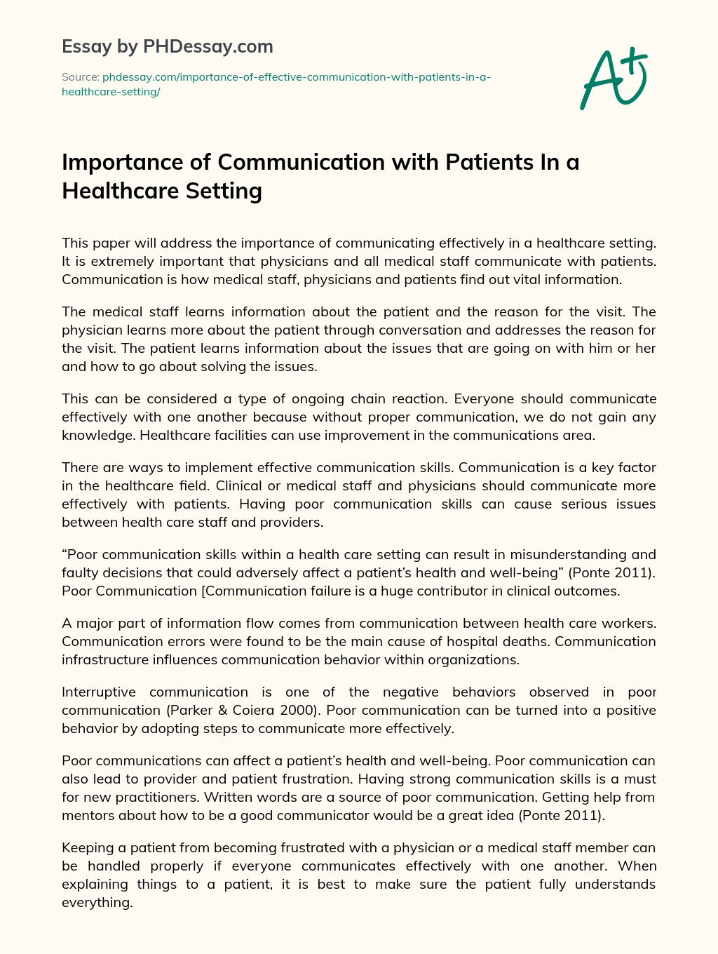 Importance of Communication with Patients In a Healthcare Setting essay