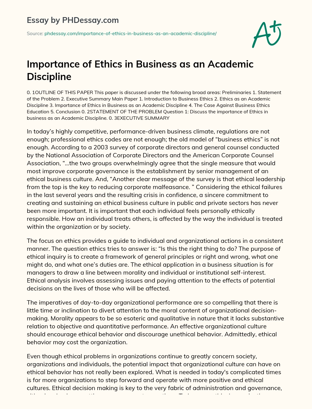 Importance of Ethics in Business as an Academic Discipline essay