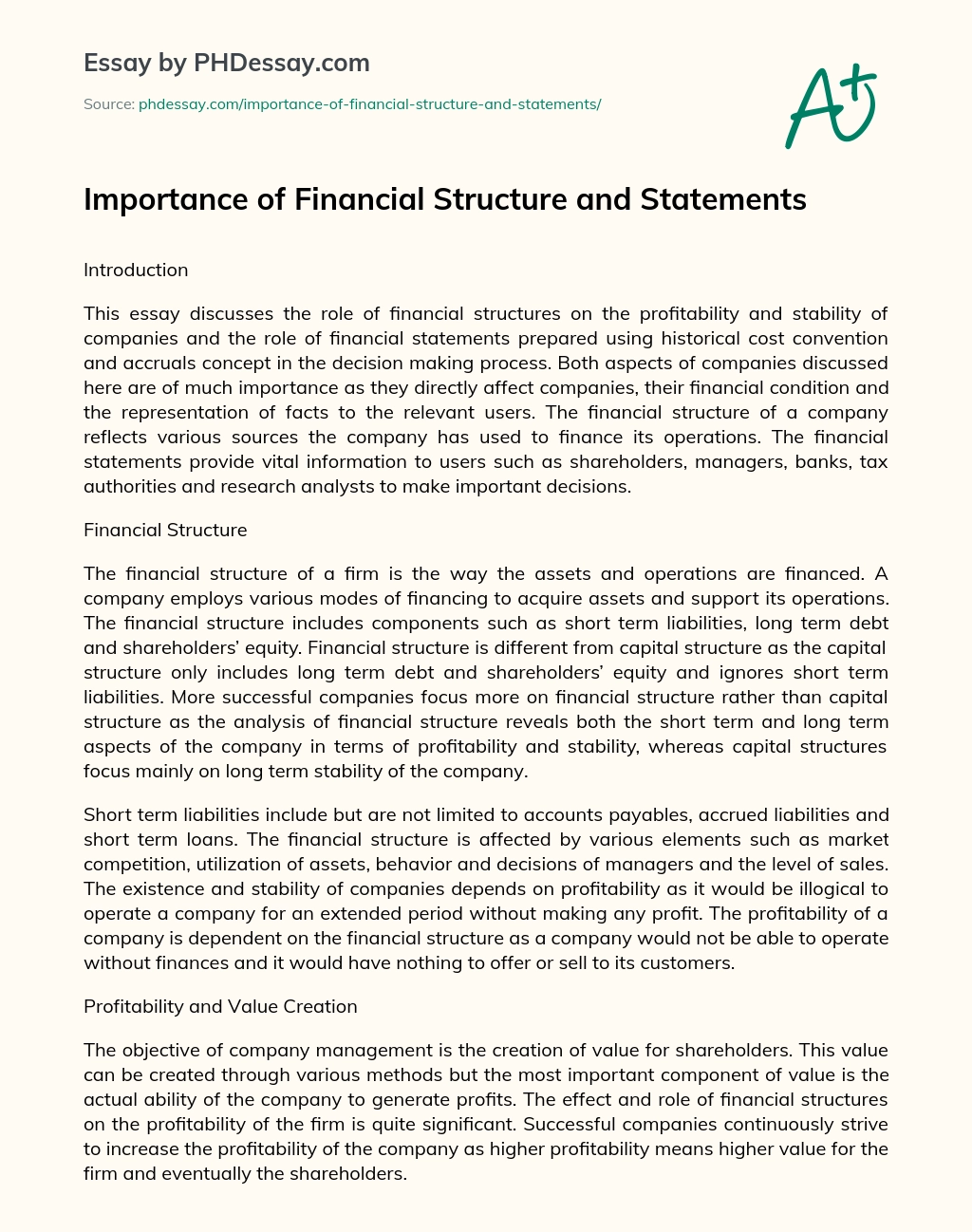 Importance of Financial Structure and Statements essay