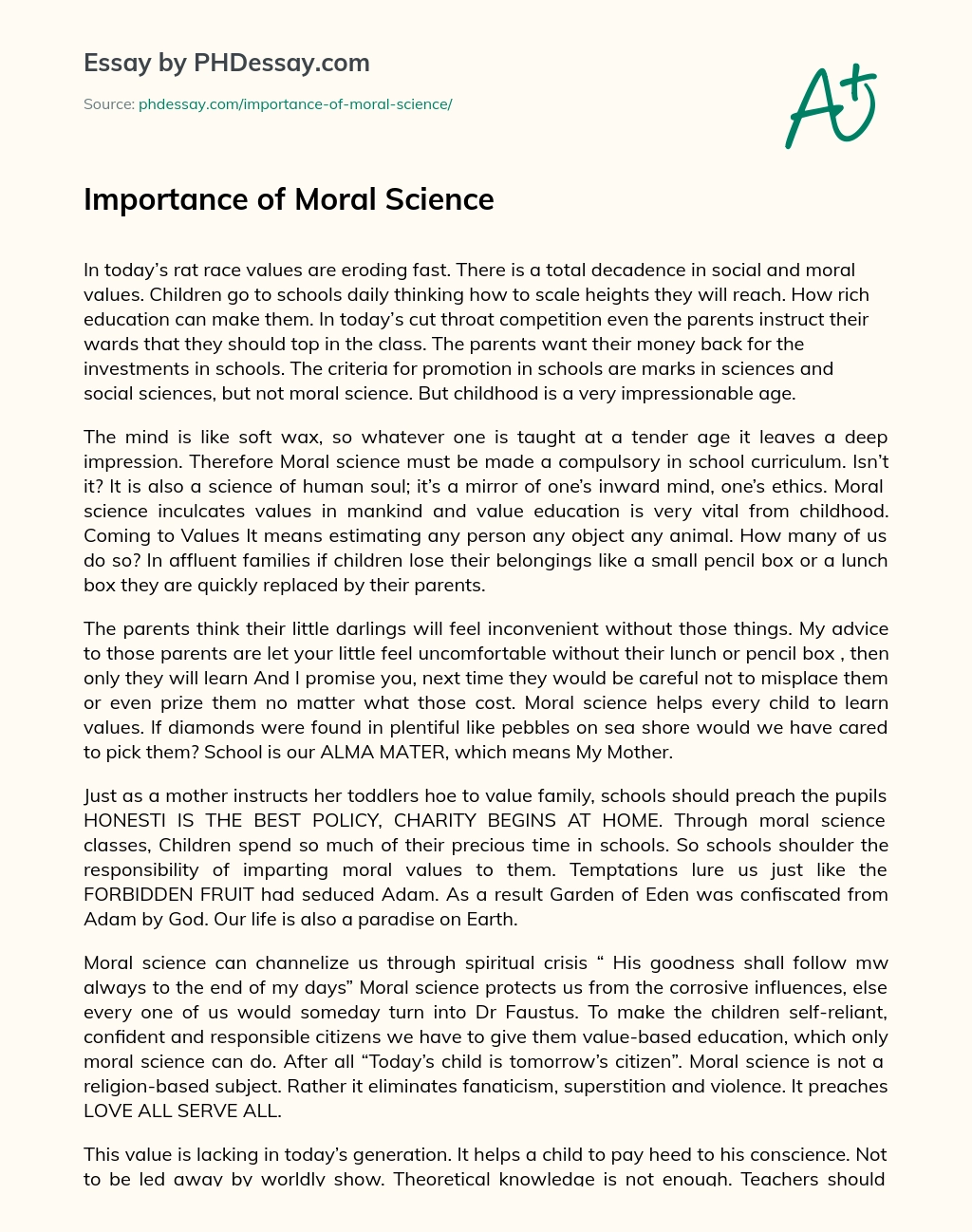 Importance of Moral Science essay