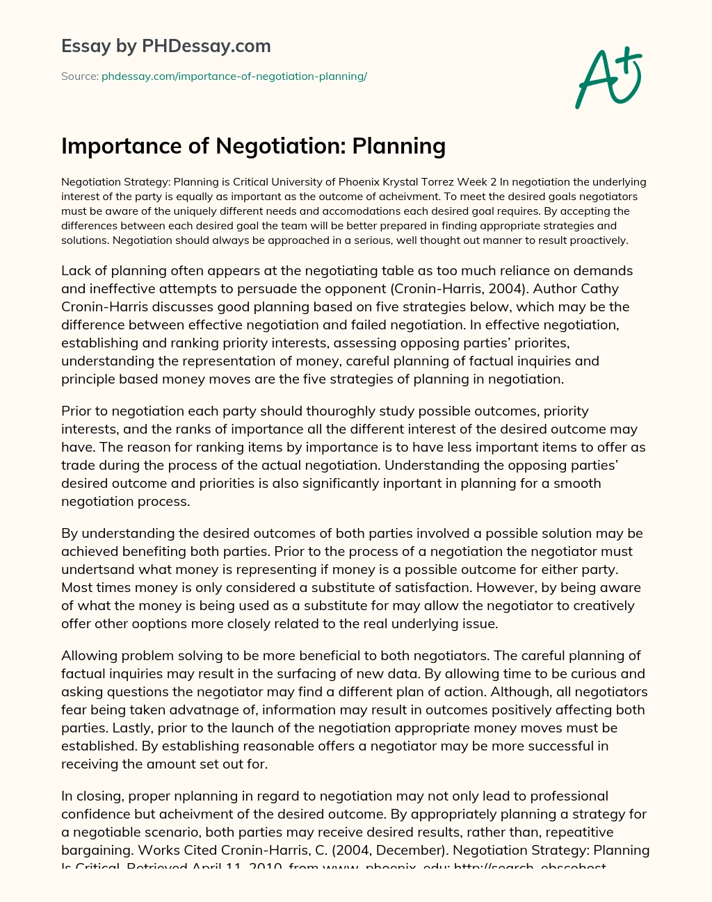 Importance of Negotiation: Planning essay