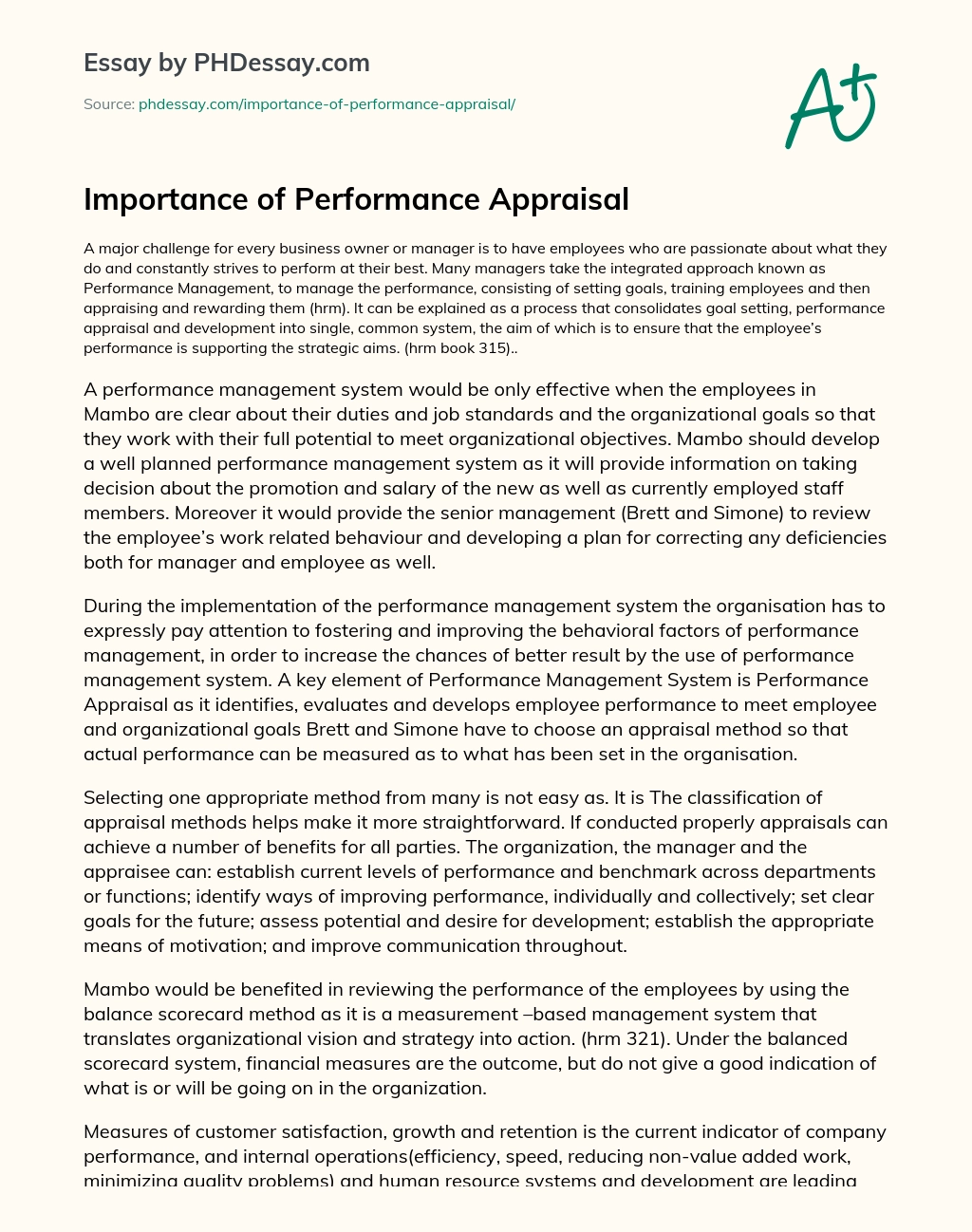 Importance of Performance Appraisal essay