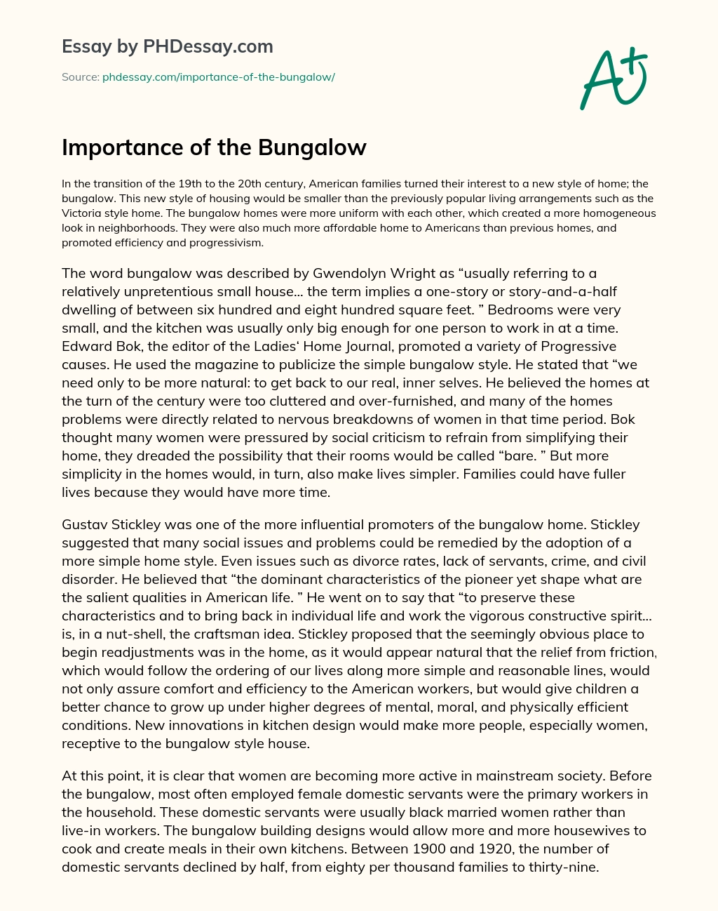 Importance of the Bungalow essay