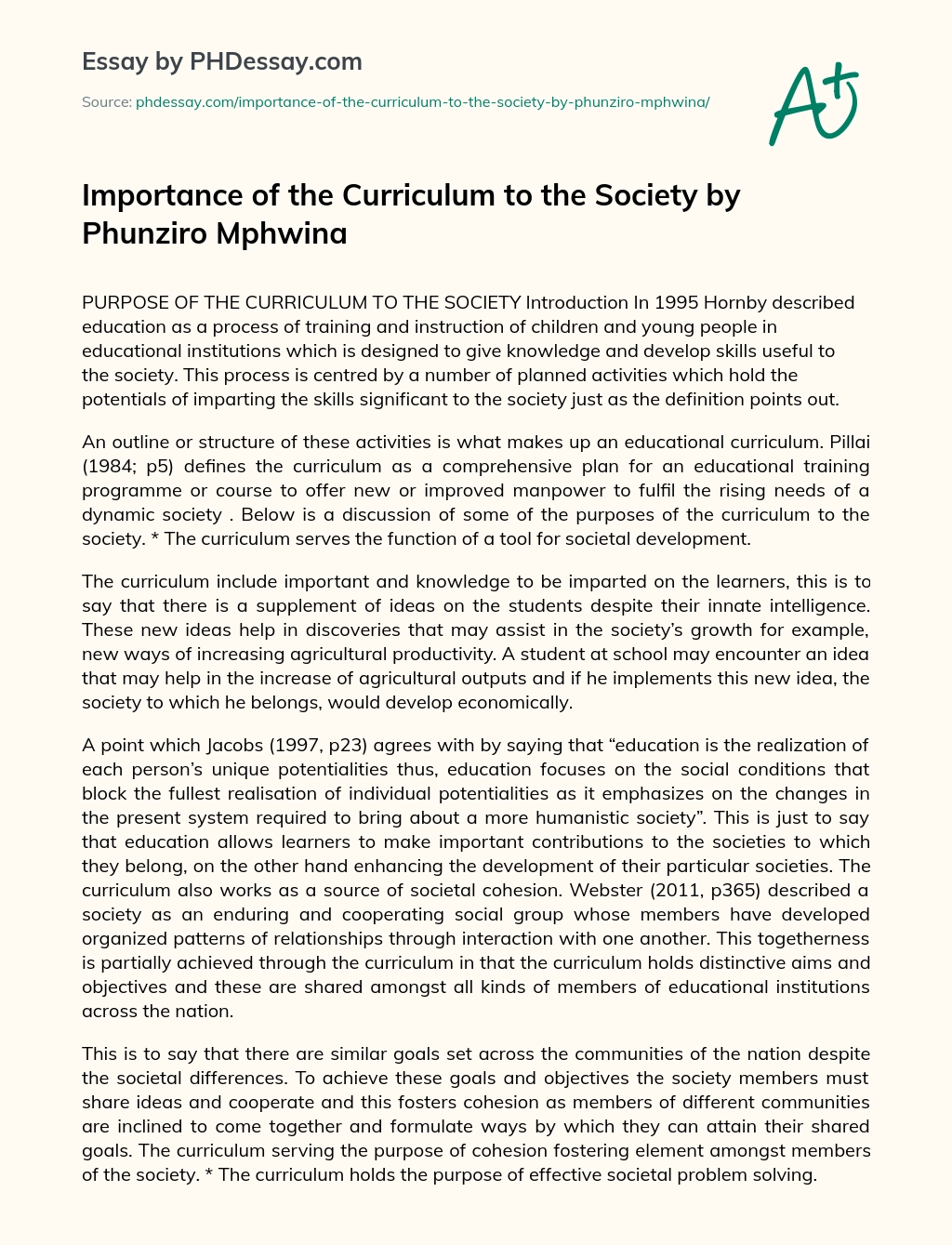 Importance of the Curriculum to the Society by Phunziro Mphwina essay