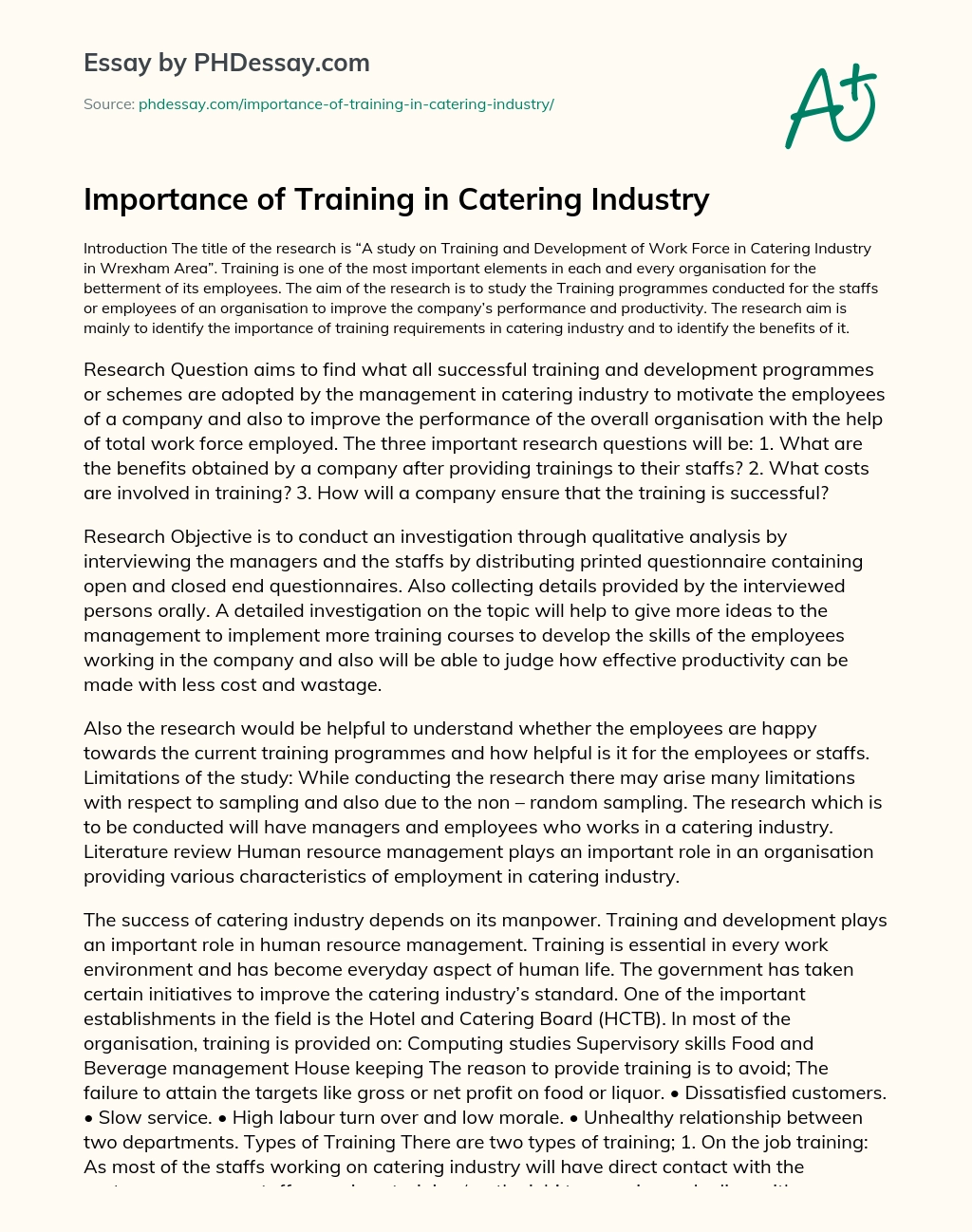 Importance of Training in Catering Industry essay