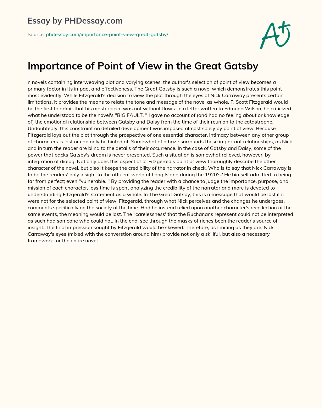 Importance of Point of View in the Great Gatsby essay