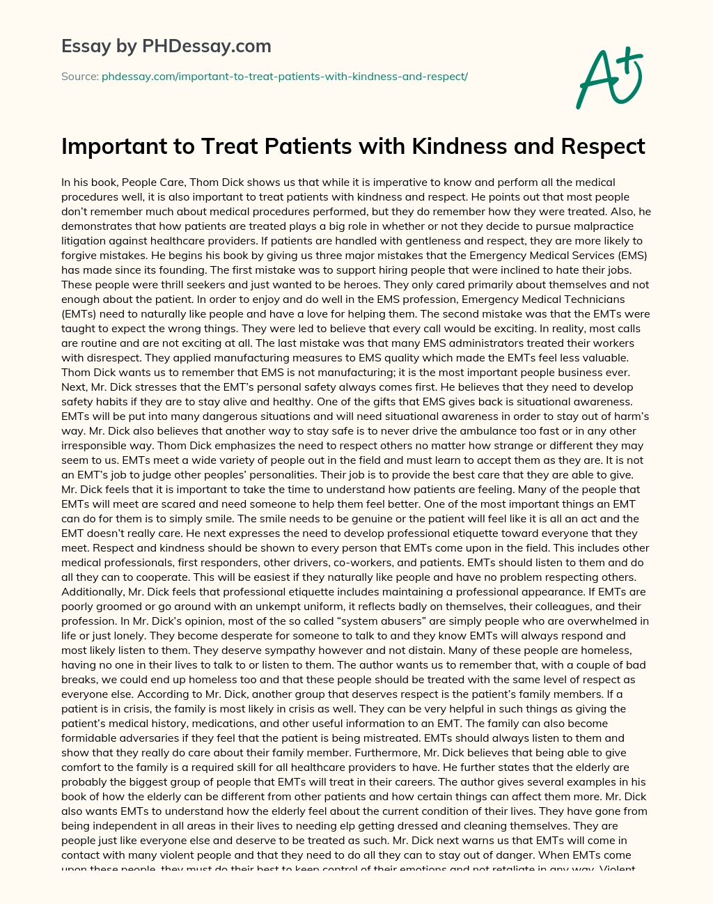 Important to Treat Patients with Kindness and Respect essay