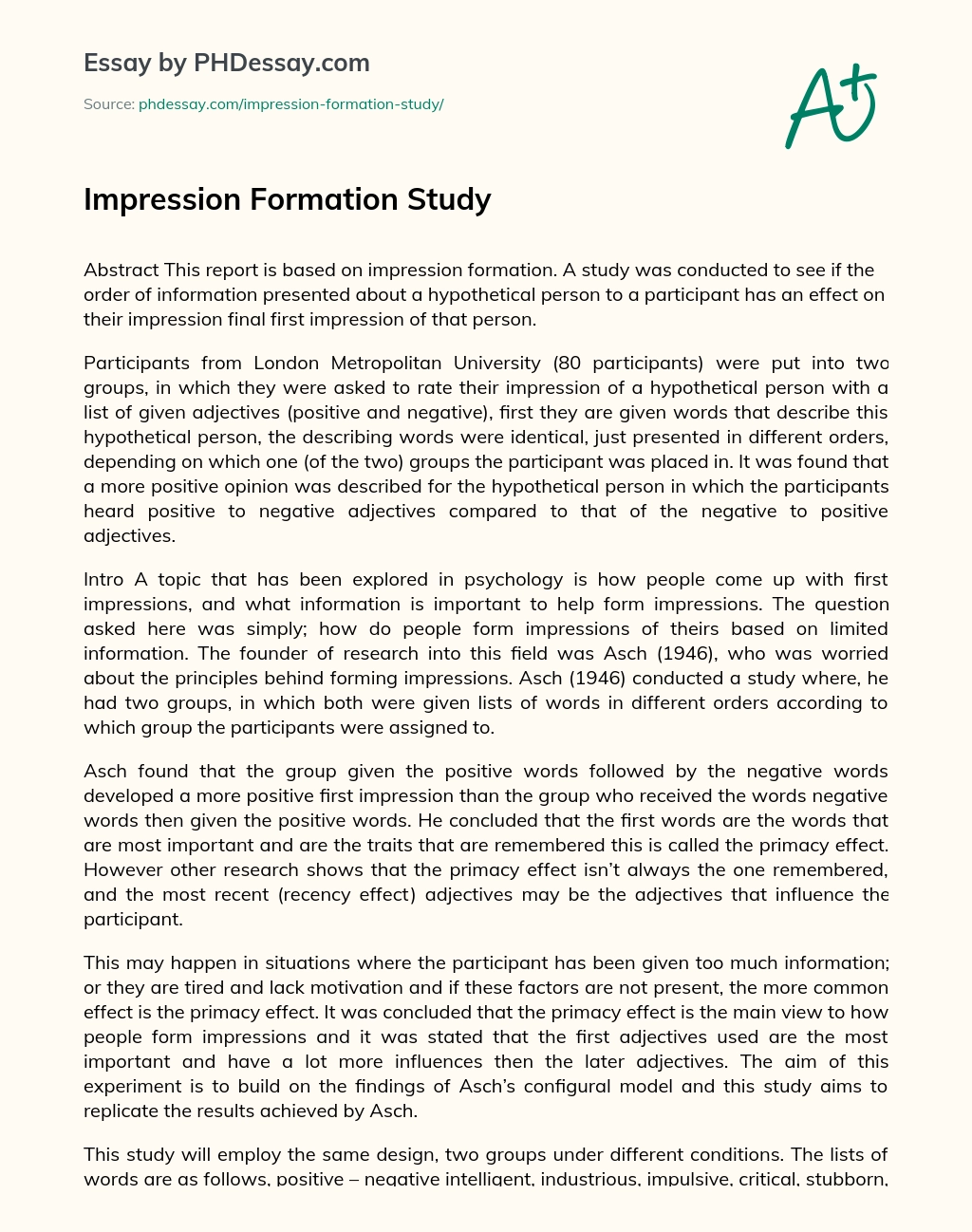 Impression Formation Study essay