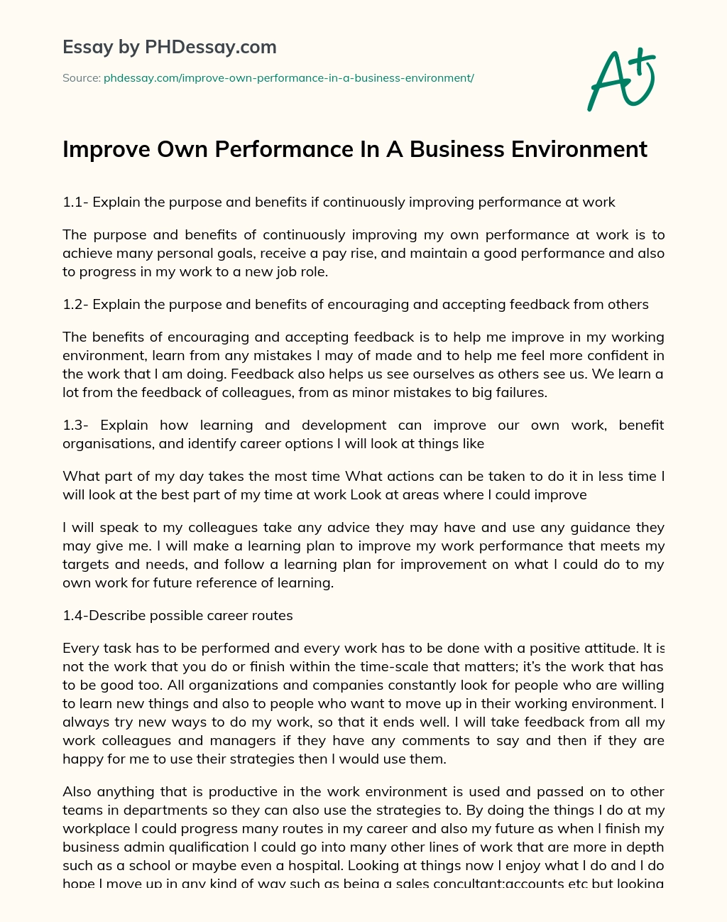 Improve Own Performance In A Business Environment Narrative Essay essay