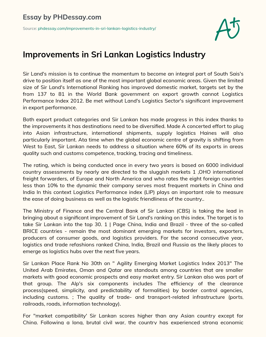 Improvements in Sri Lankan Logistics Industry essay