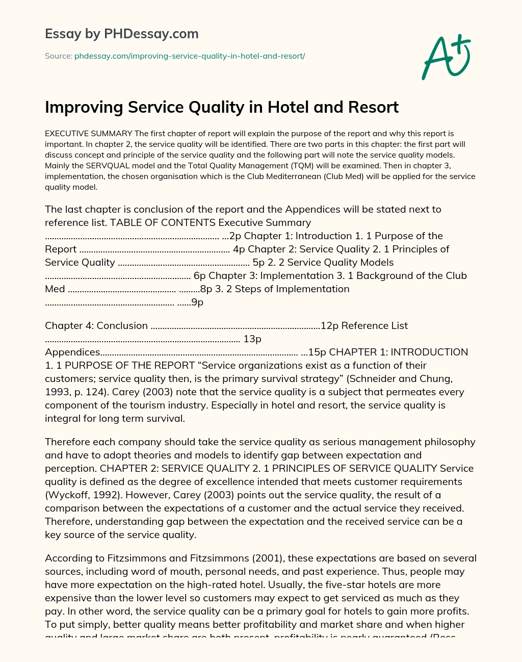 Improving Service Quality in Hotel and Resort essay