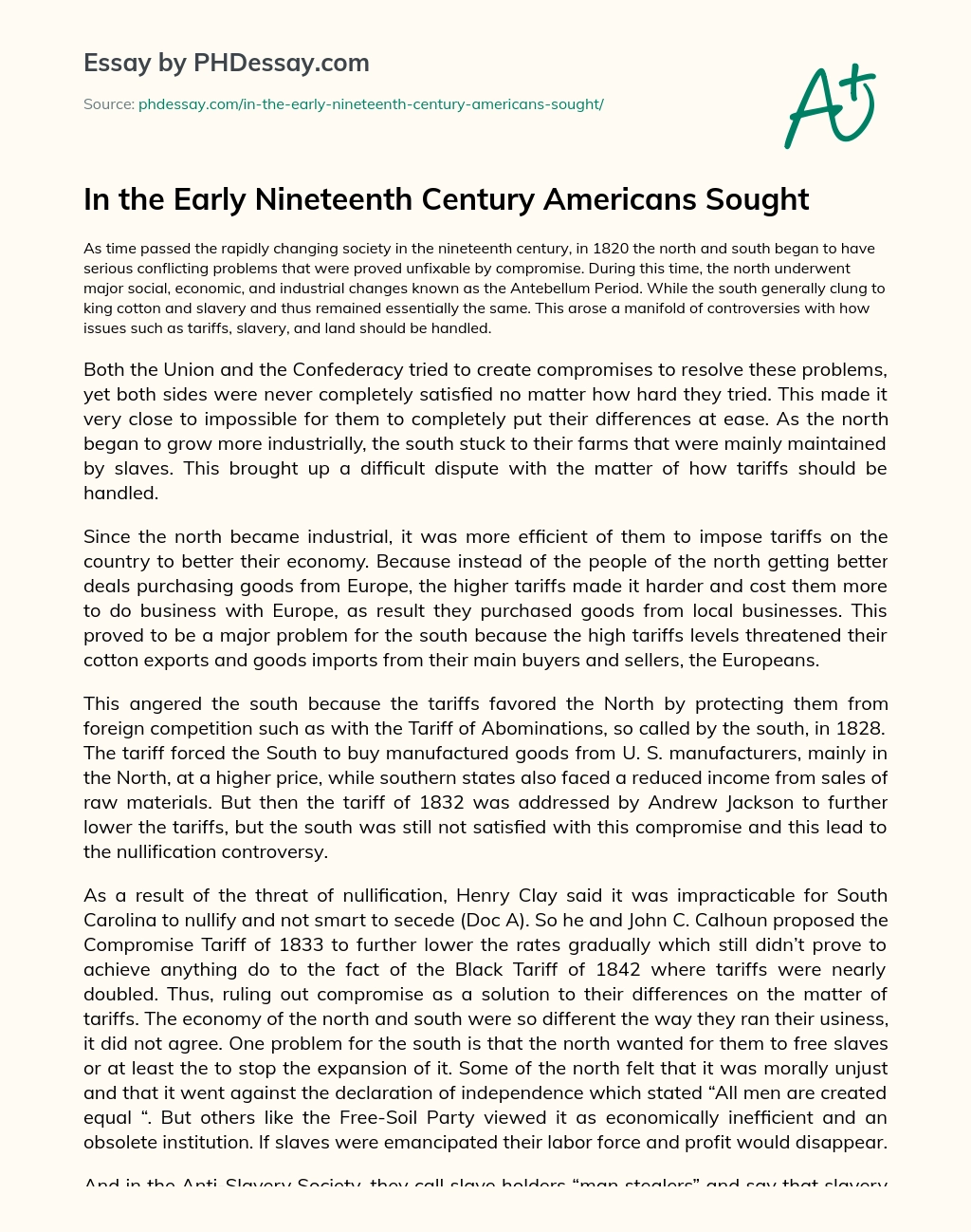 In the Early Nineteenth Century Americans Sought essay