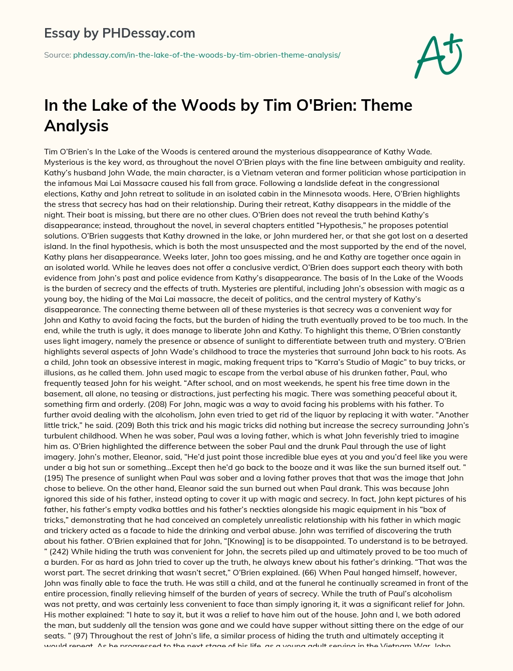 In the Lake of the Woods by Tim O’Brien: Theme Analysis essay