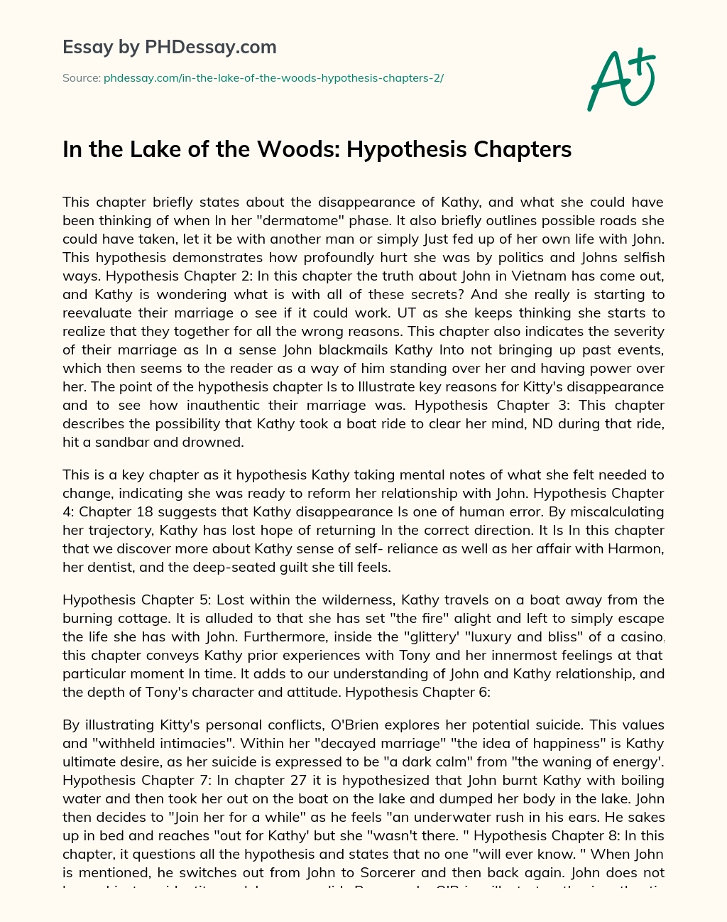 In the Lake of the Woods: Hypothesis Chapters essay