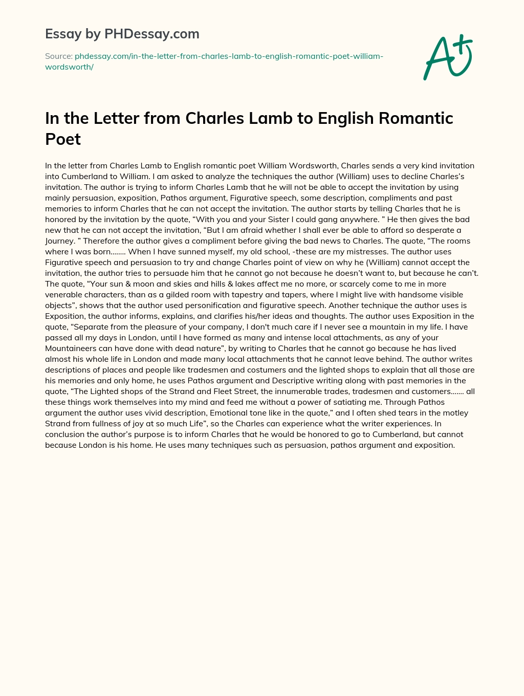 In the Letter from Charles Lamb to English Romantic Poet essay