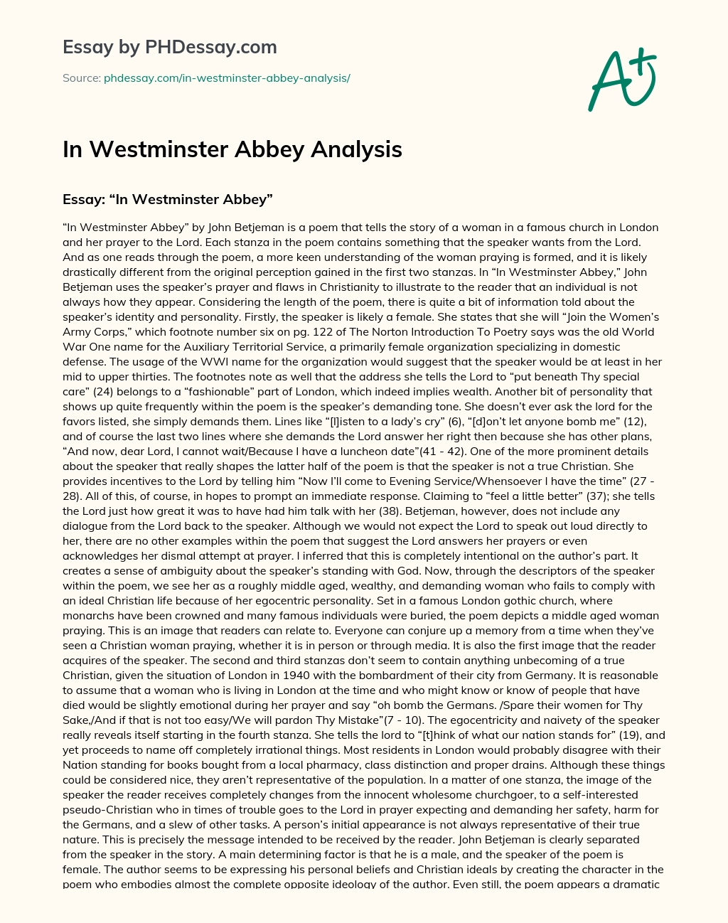 In Westminster Abbey Analysis essay