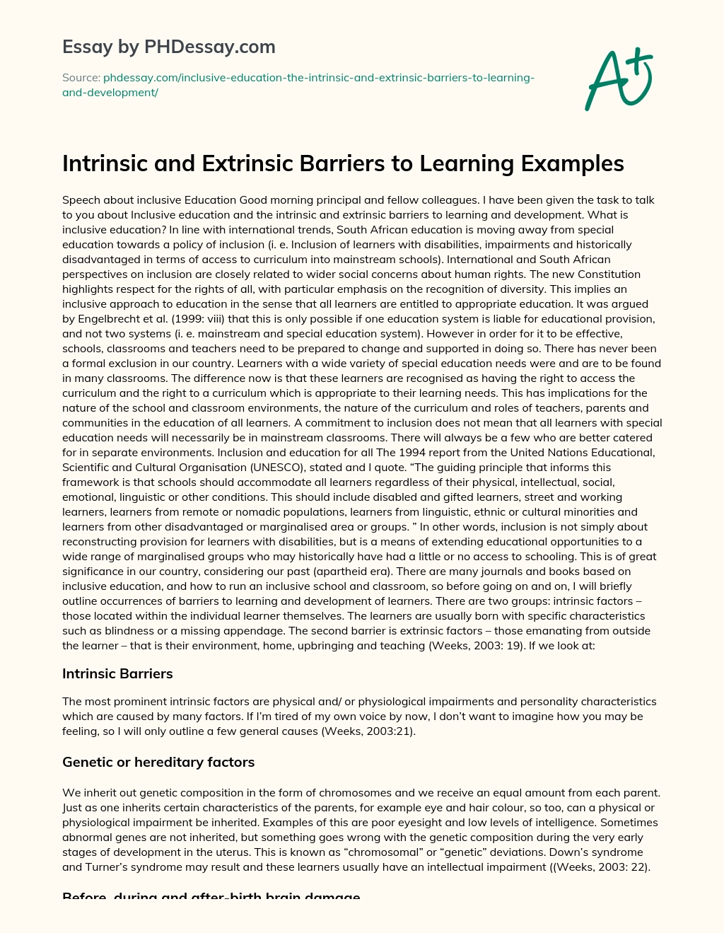 Intrinsic and Extrinsic Barriers to Learning Examples essay