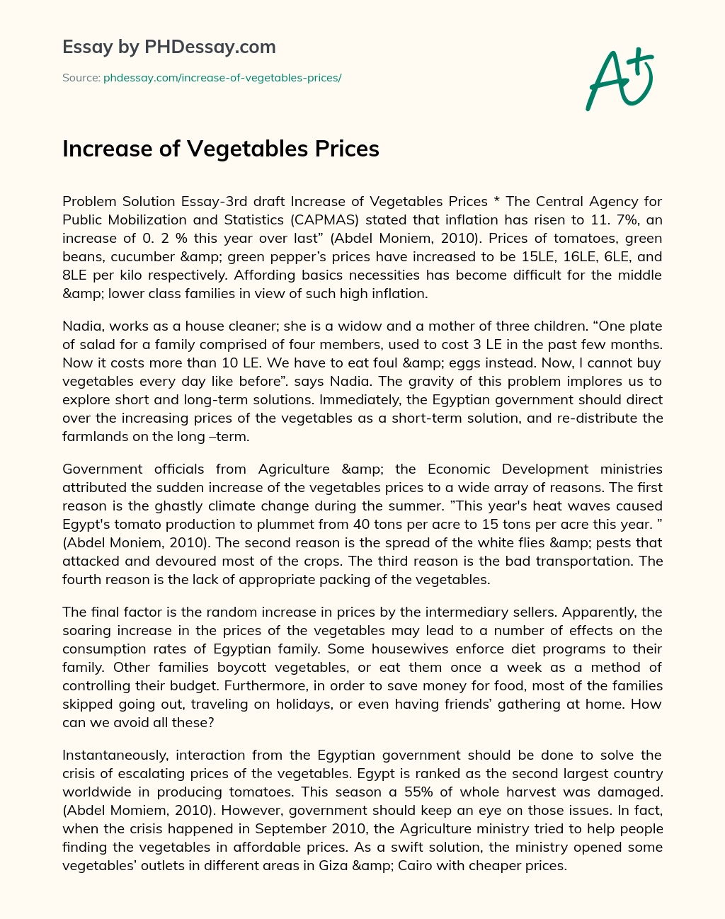Increase of Vegetables Prices essay