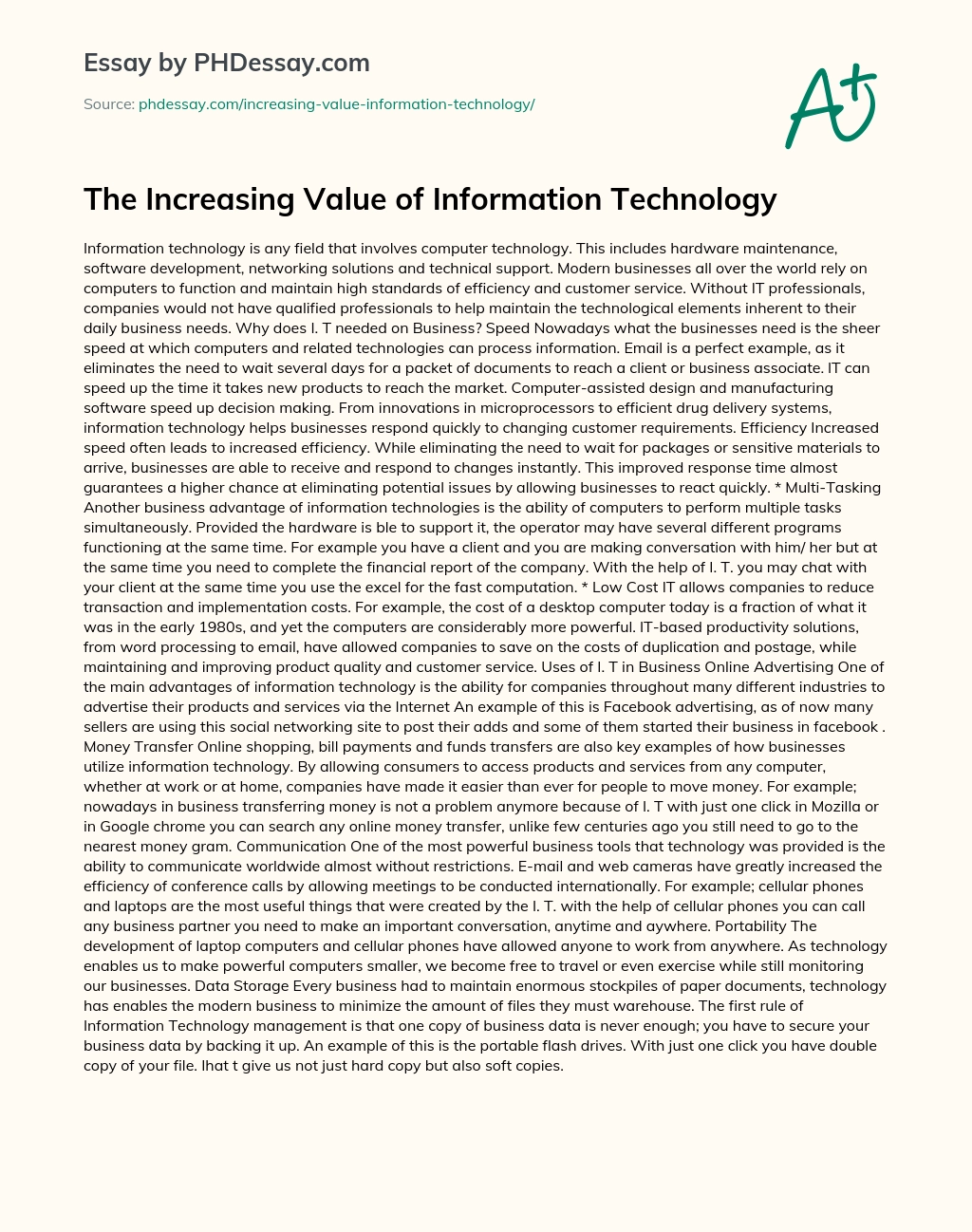 The Increasing Value of Information Technology essay