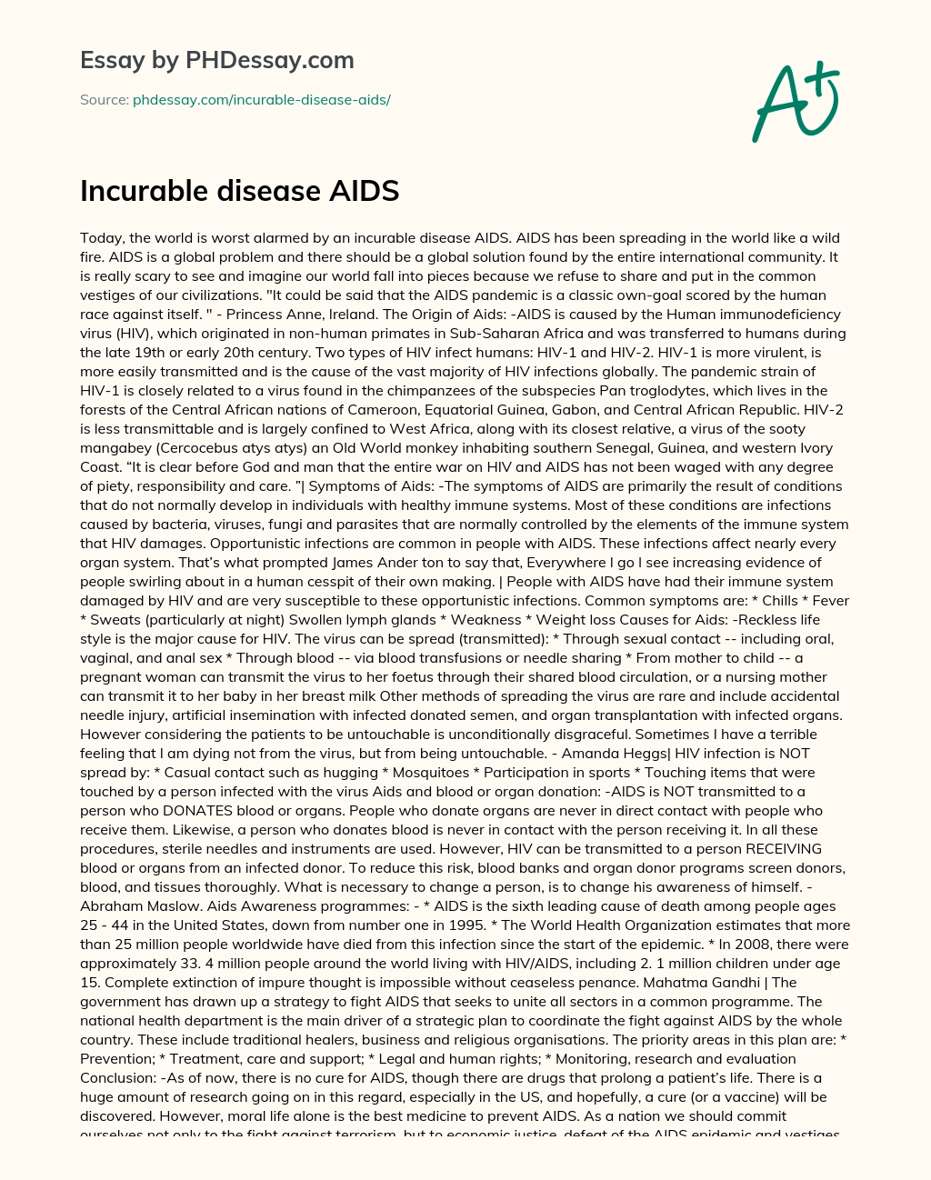 Incurable disease AIDS essay