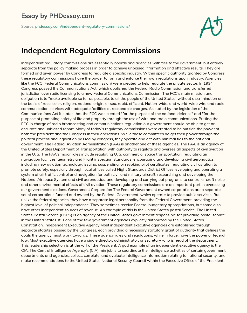 Independent Regulatory Commissions essay