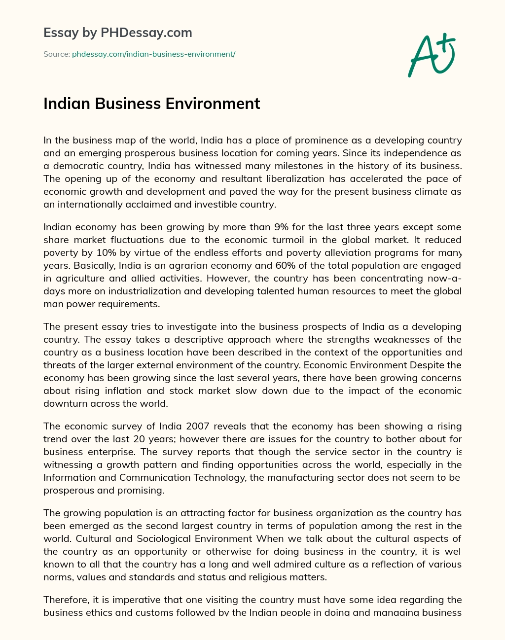 Indian Business Environment essay