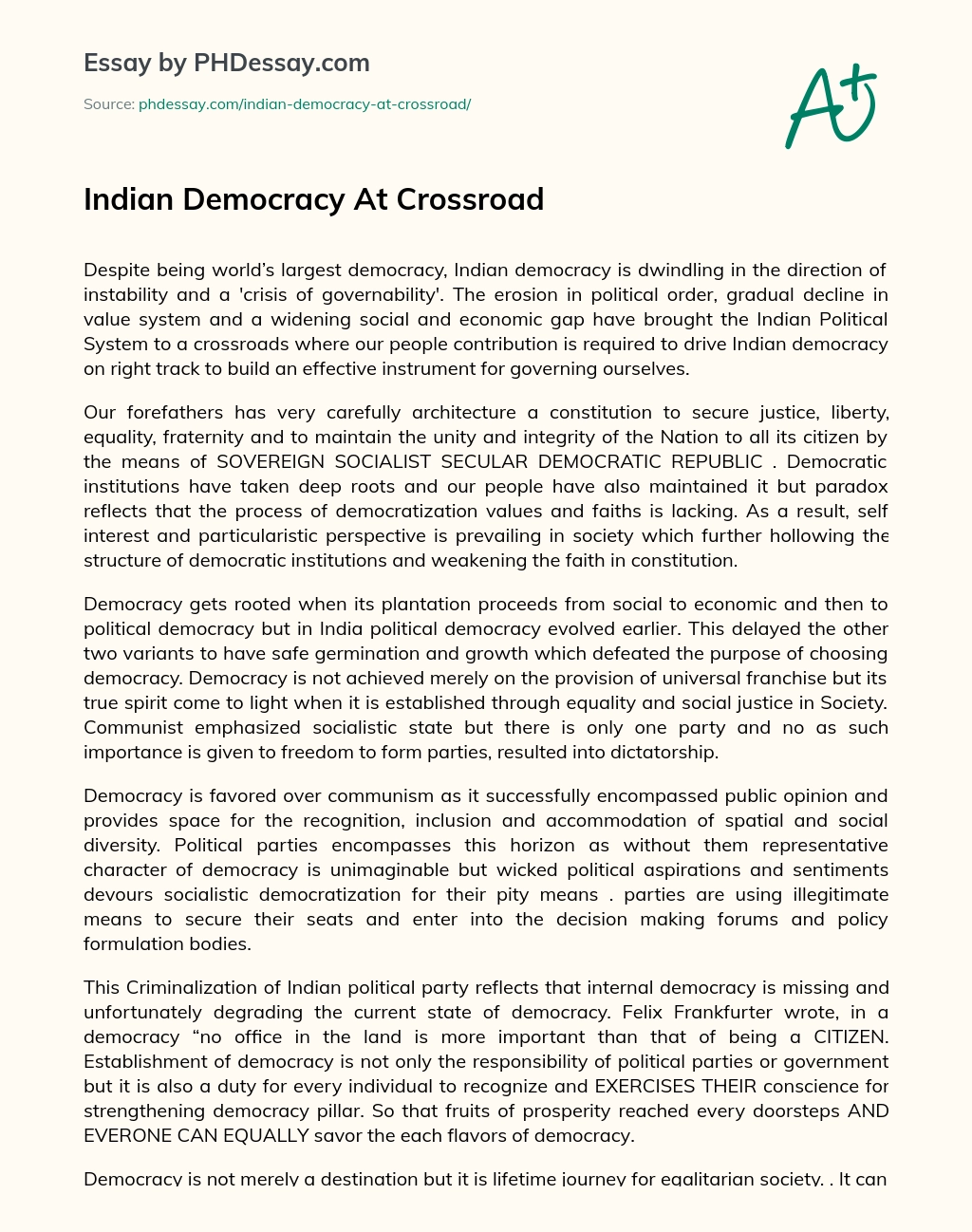 Indian Democracy At Crossroad essay