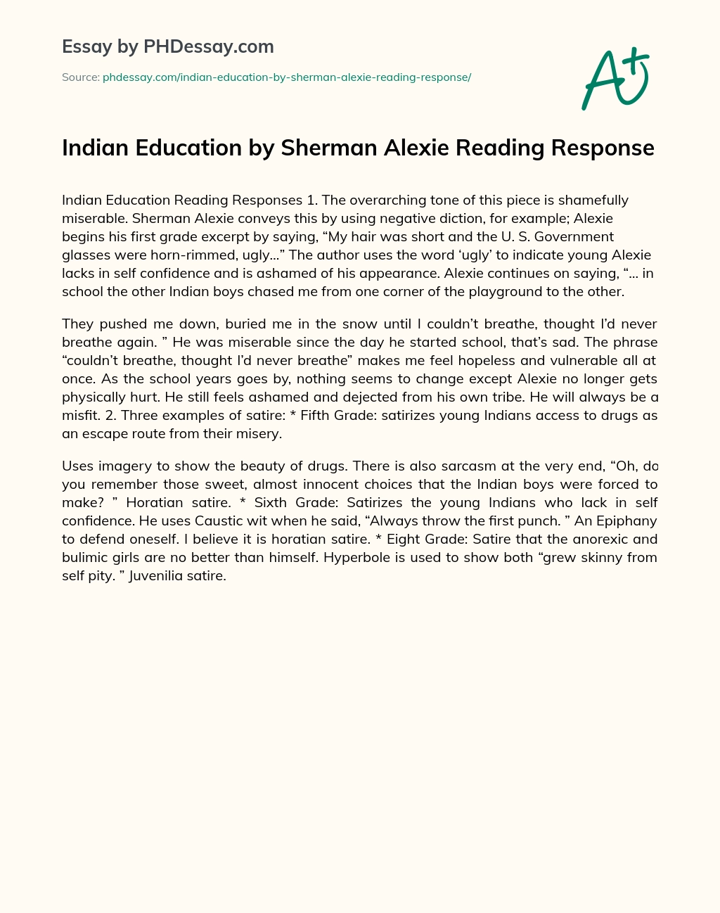 Indian Education by Sherman Alexie Reading Response essay