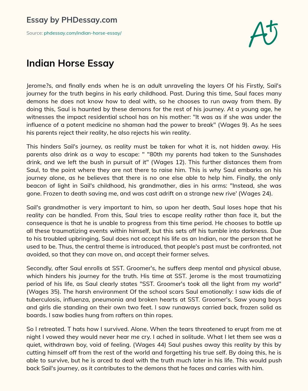 thesis statement about indian horse
