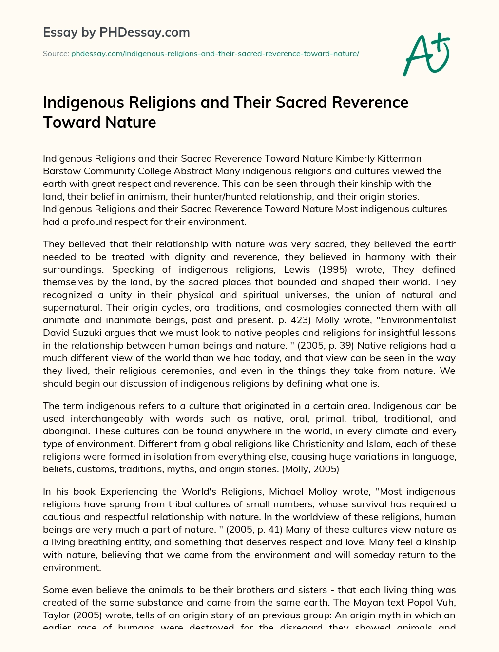 Indigenous Religions and Their Sacred Reverence Toward Nature essay