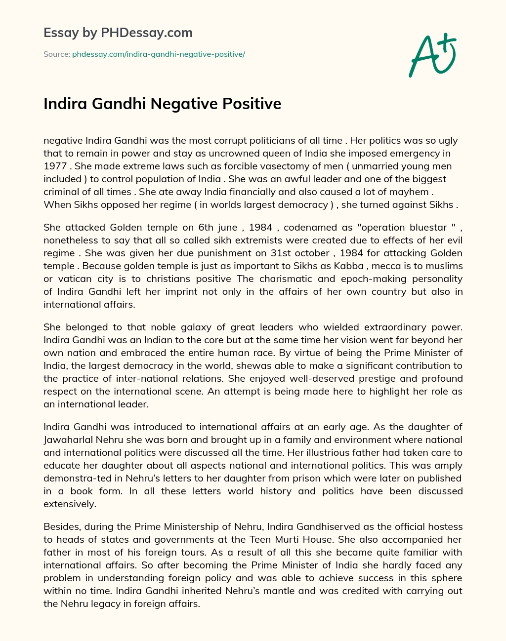 Indira Gandhi Negative Positive essay