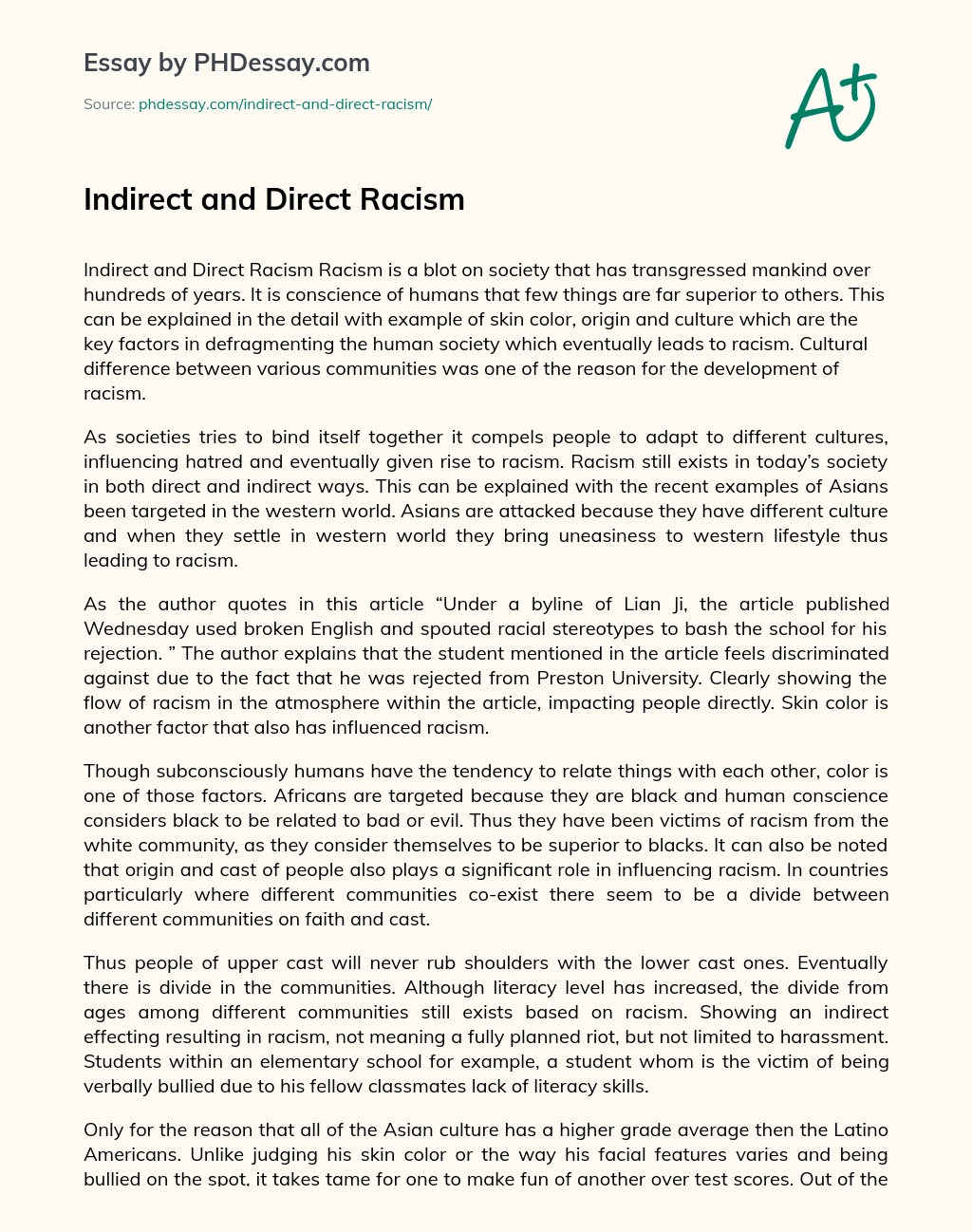 Indirect and Direct Racism essay