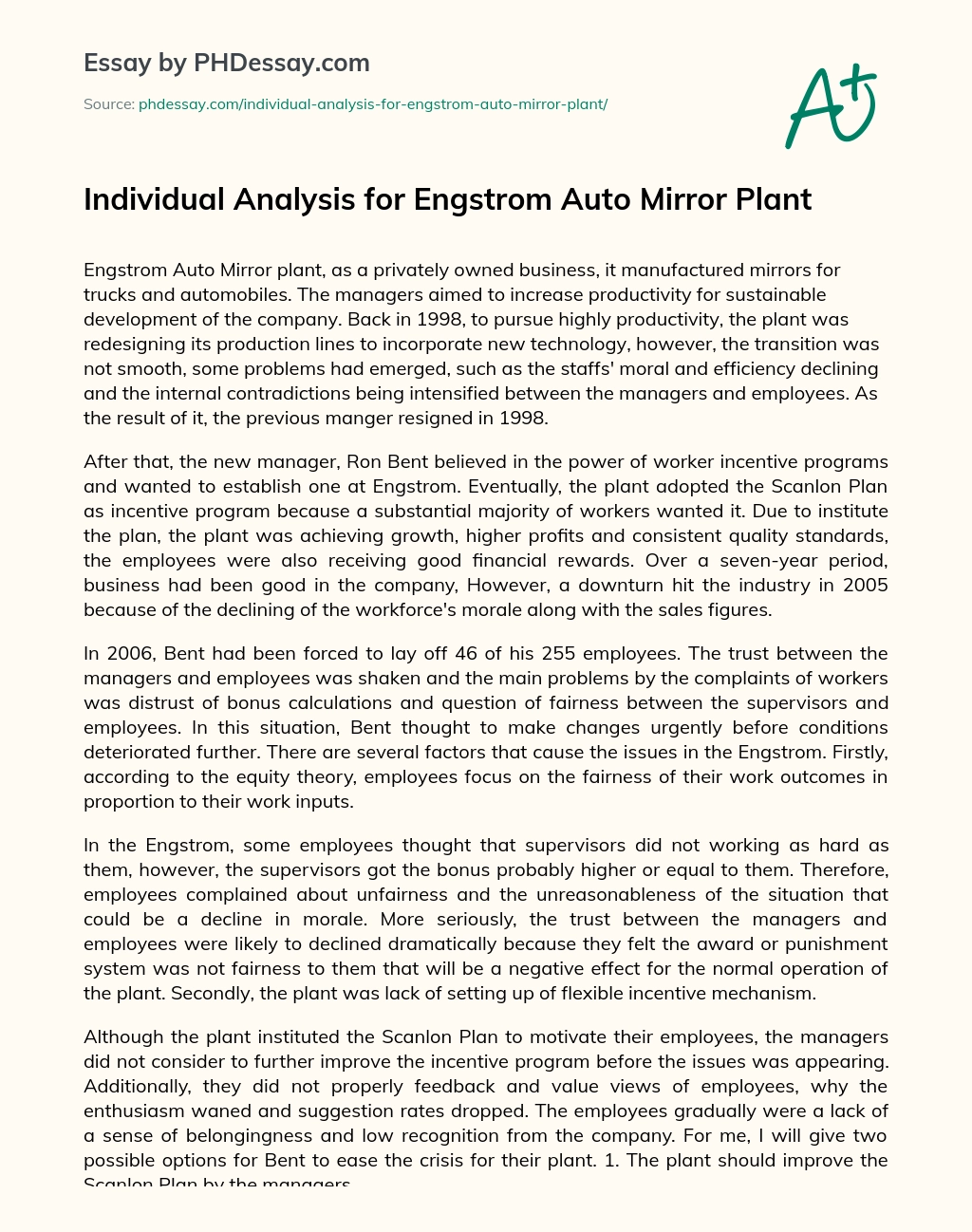 Individual Analysis for Engstrom Auto Mirror Plant essay