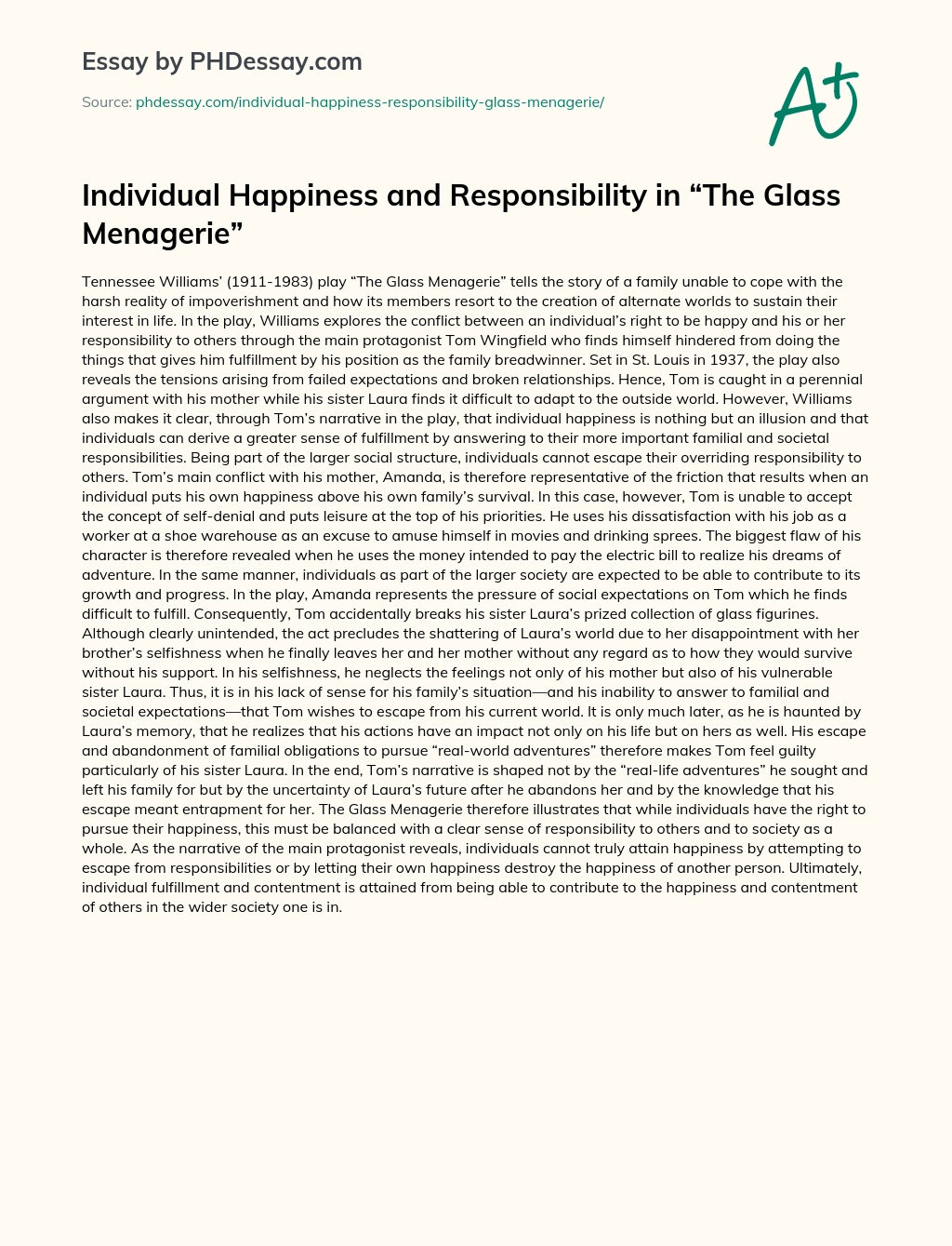 Individual Happiness and Responsibility in “The Glass Menagerie” essay