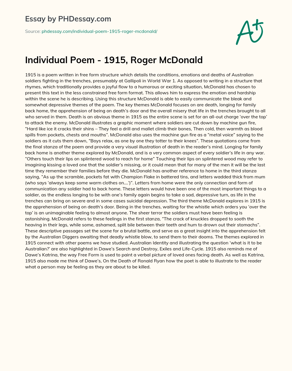 Individual Poem – 1915, Roger McDonald essay