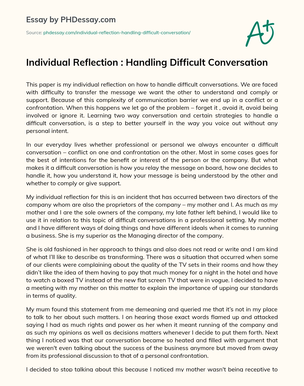 Individual Reflection : Handling Difficult Conversation essay