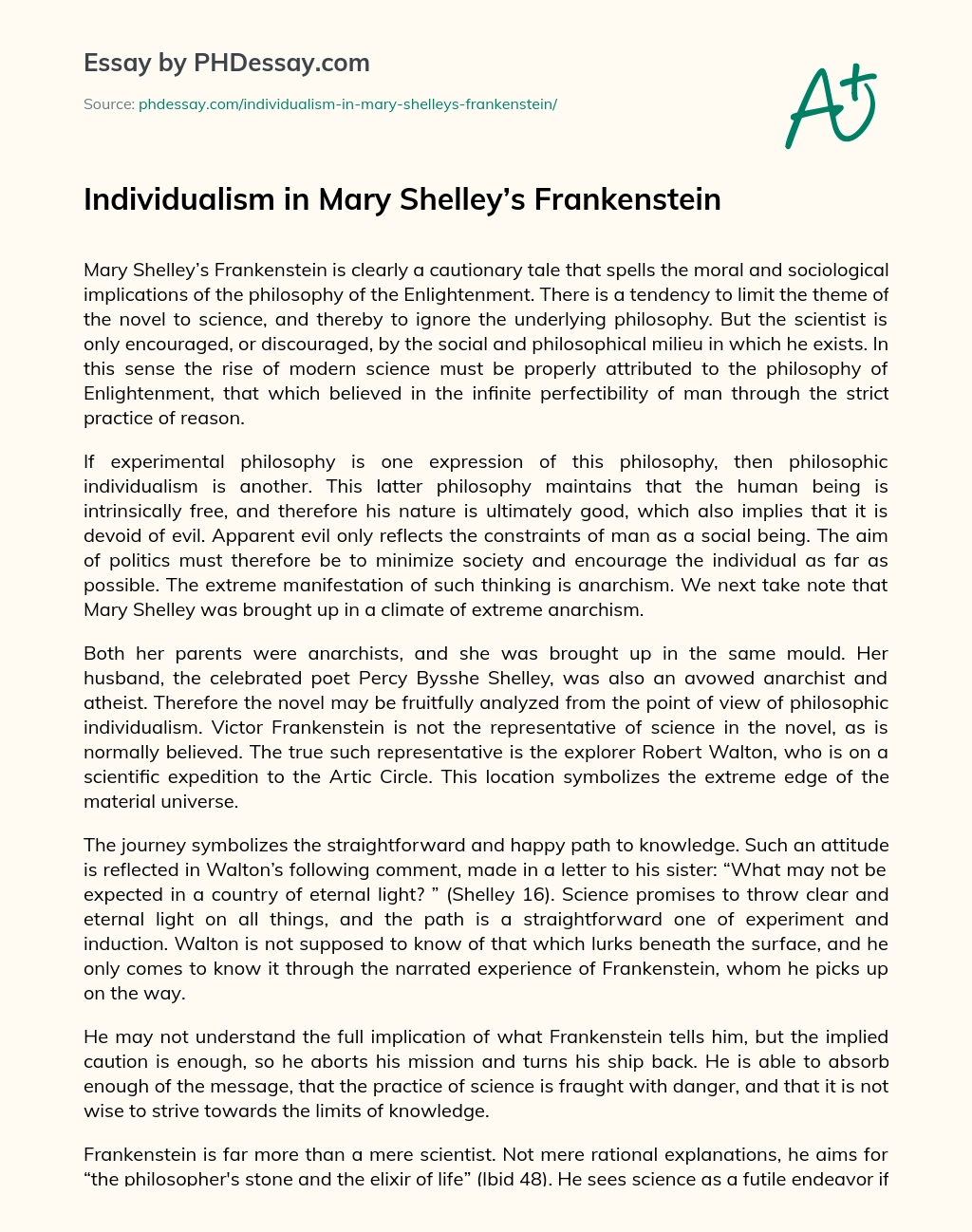 Individualism in Mary Shelley’s Frankenstein essay
