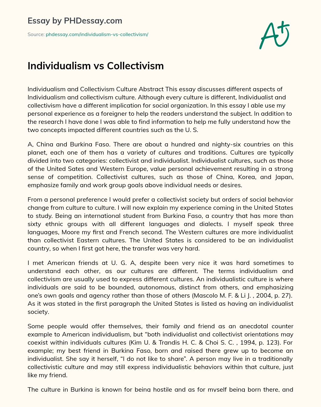 Individualism vs Collectivism essay