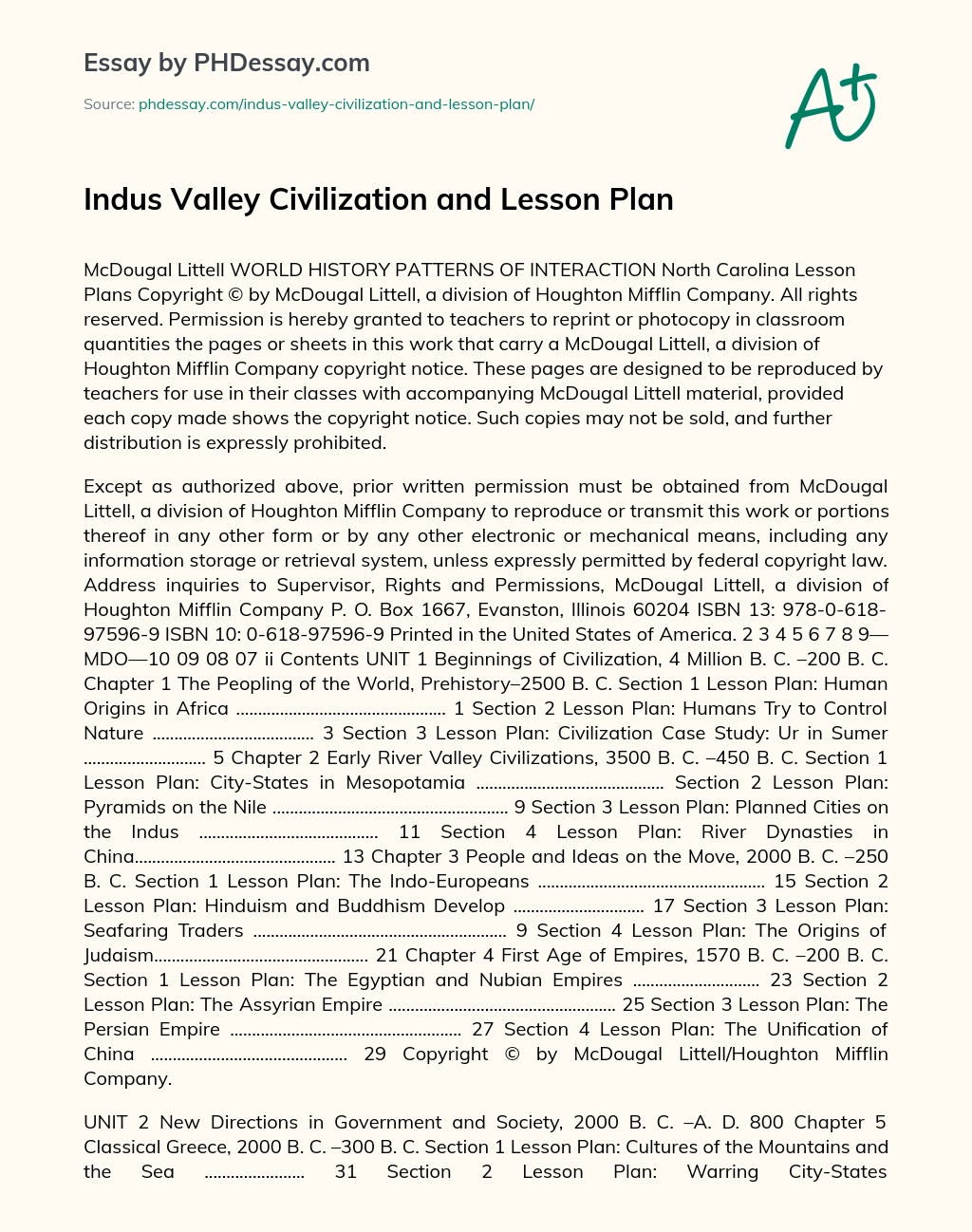 Indus Valley Civilization and Lesson Plan essay