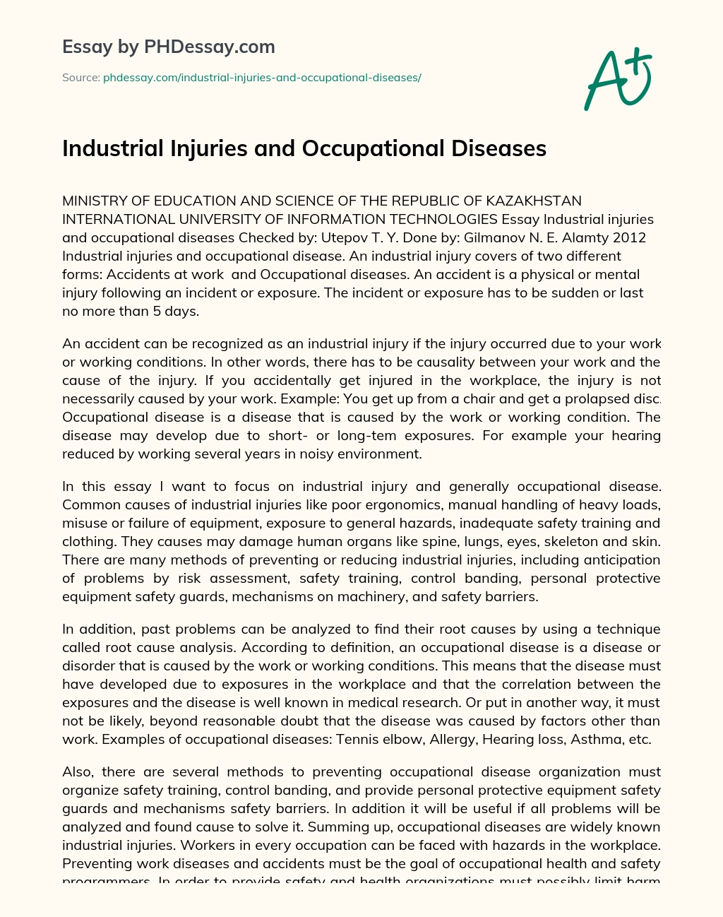 Industrial Injuries and Occupational Diseases essay
